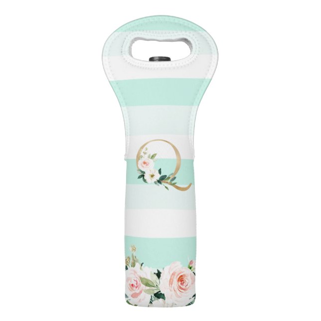 Seafoam Mint Stripe Golden Floral "Q" Monogram Wine Bag (Front)