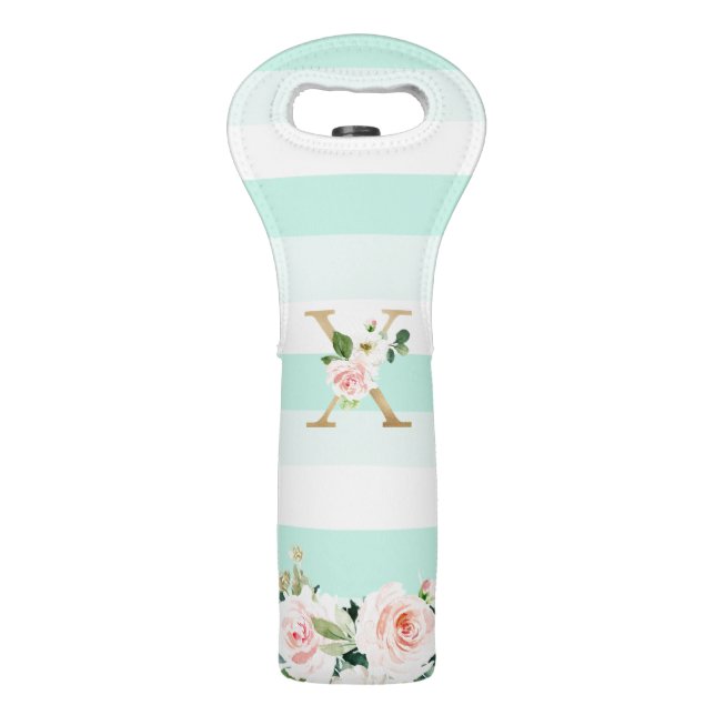 Seafoam Mint Stripe Golden Floral "X" Monogram Wine Bag (Front)