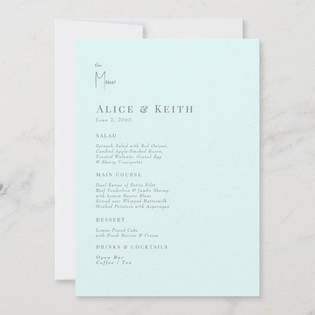 Seafoam Modern Wedding Menu Invitation (Front)