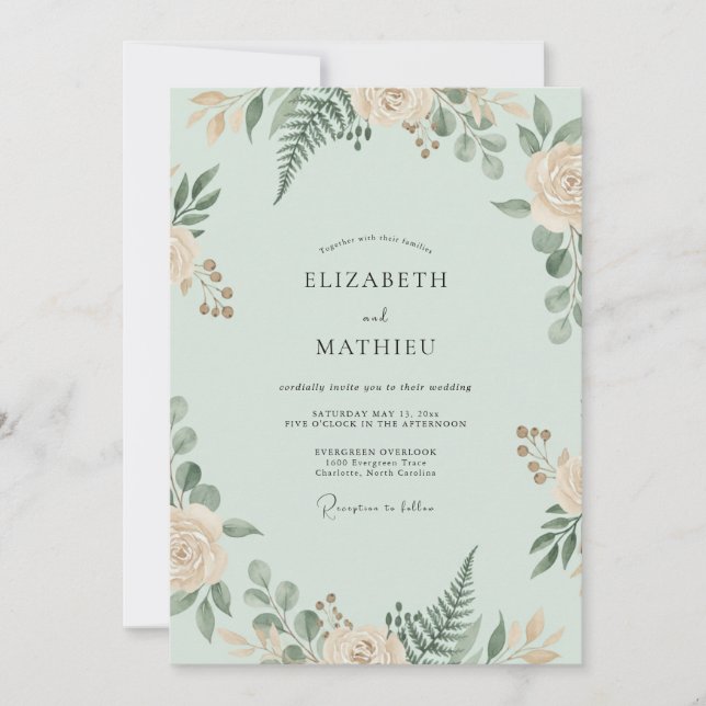 Seafoam Peach Fern Wedding Invitation (Front)