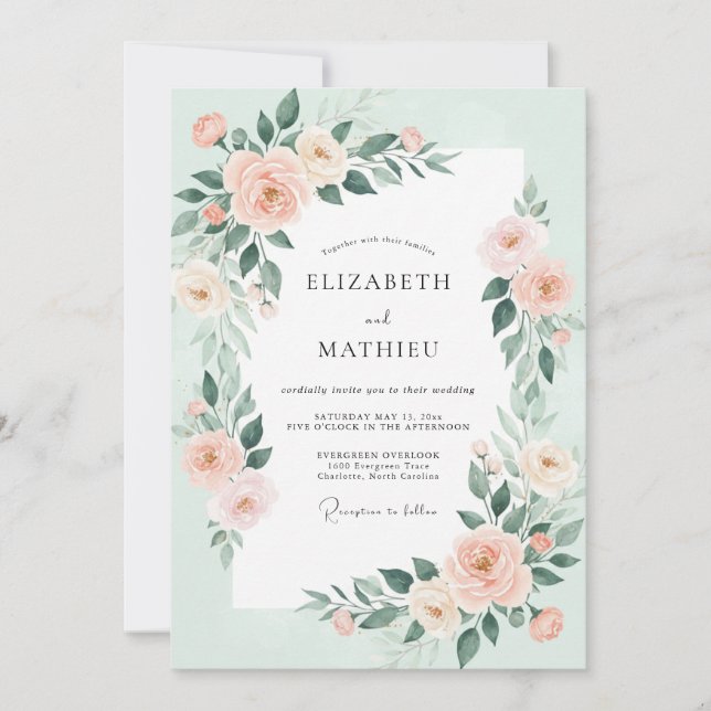 Seafoam Peach Leafy Wedding Invitation (Front)
