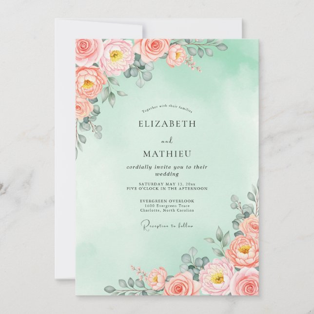 Seafoam Peach Radiant Spring Wedding Invitation (Front)