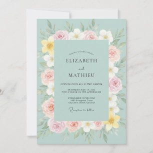 Seafoam Peach Ranunculus Eucalyptus Wedding Invitation