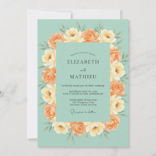 Seafoam Peach Ranunculus Grey Eucalyptus Wedding Invitation