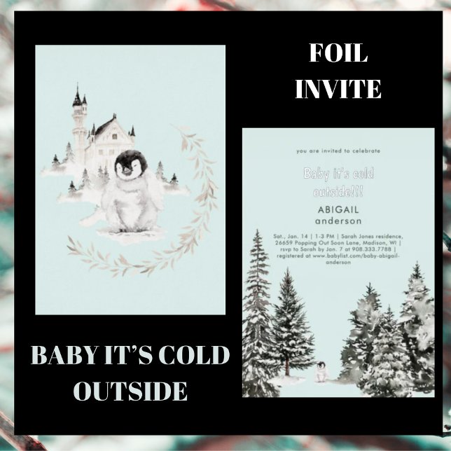 Seafoam Penquin Baby It's Cold Outside Silver Foil Invitation (Creator Uploaded)