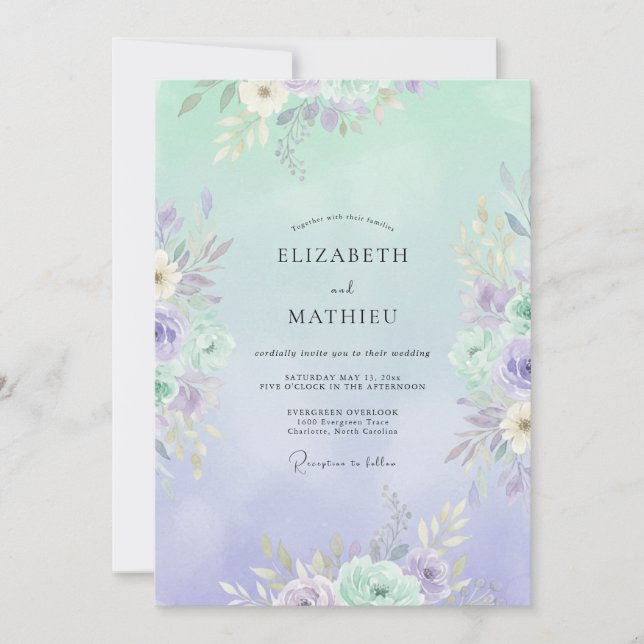 Seafoam Periwinkle Peony Wedding Invitation (Front)