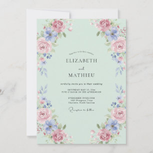 Seafoam Periwinkle Rose Wedding Invitation