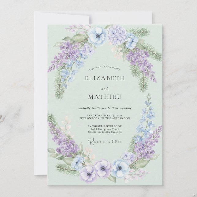 Seafoam Periwinkle Wisteria Wedding Invitation (Front)