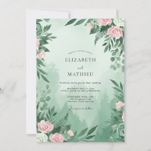 Seafoam Pink Leaf Wedding Invitation