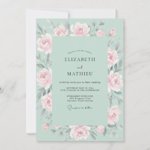 Seafoam Pink Rose Wedding Invitation