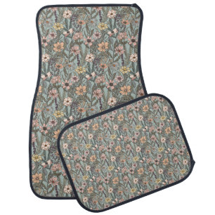 Seafoam Pink Yellow Retro Wildflower Car Floor Mat