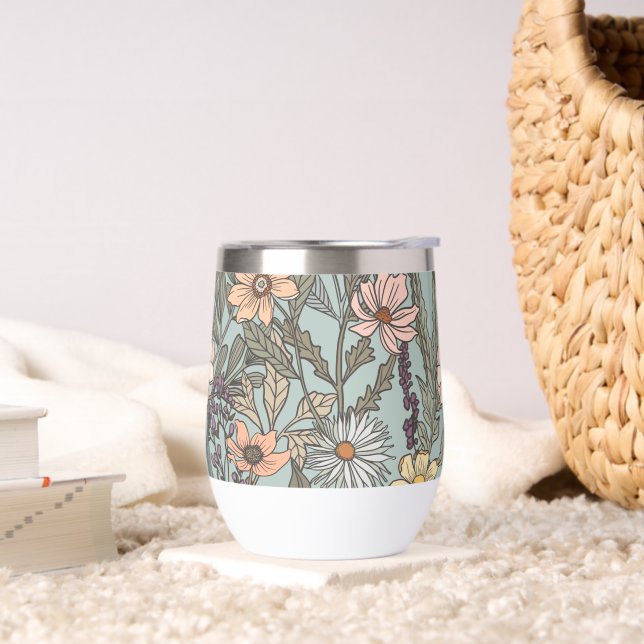 Seafoam Pink Yellow Retro Wildflower Thermal Wine Tumbler (Living Room)