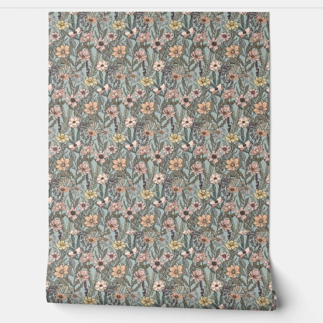 Seafoam Pink Yellow Retro Wildflower Wallpaper (Unrolling)