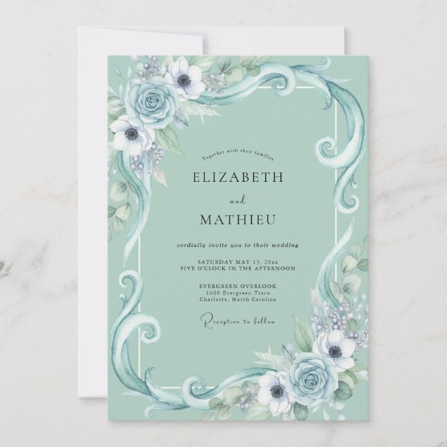 Seafoam Ranunculus Filigree Eucalyptus Wedding Invitation (Front)