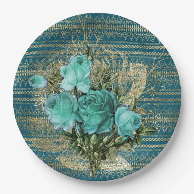 Seafoam Roses Bouquet Paper Plates (Front)