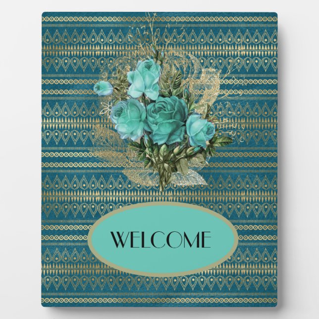Seafoam Roses Bouquet Welcome Tabletop Plaque (Front)