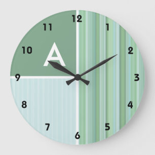 Seafoam, Sage Green, & Baby Blue Stripes Large Clock