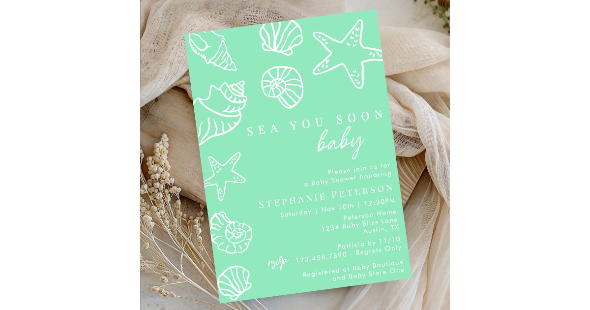 Seafoam Sea You Soon Coastal Beach Baby Shower Invitation | Zazzle