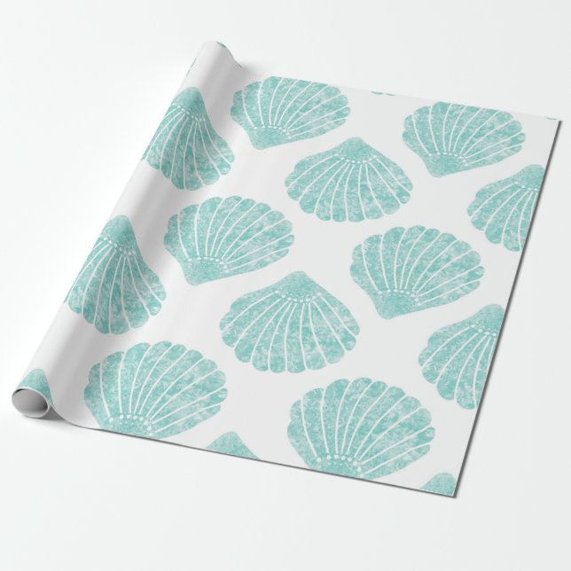 Seafoam Seashell Pattern Wrapping Paper (Unrolled)