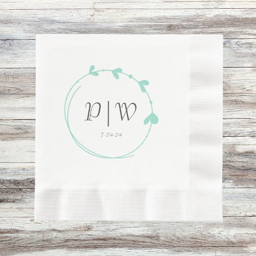 Seafoam Simple Heart Wreath Initials Wedding Napkins