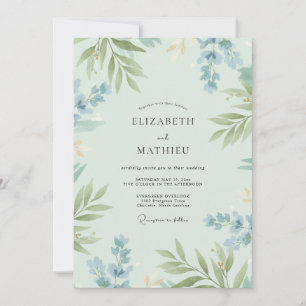 Seafoam Sky Foliage Grey Eucalyptus Wedding Invitation