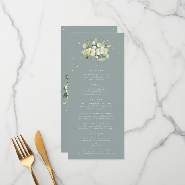 Seafoam Snowberry+Eucalyptus 4 Course Wedding Flat Menu (Front/Back In Situ)