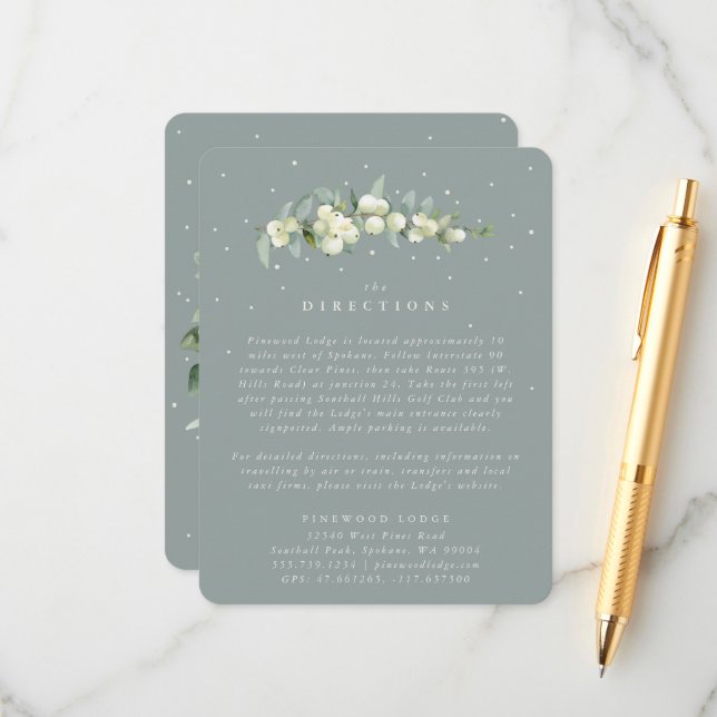 Seafoam Snowberry+Eucalyptus Wedding Directions Enclosure Card (Front/Back In Situ)