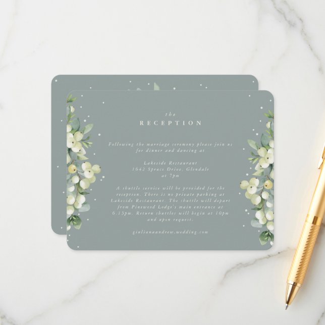 Seafoam Snowberry+Eucalyptus Wedding Reception Enclosure Card (Front/Back In Situ)