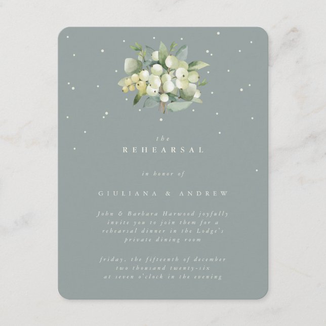 Seafoam Snowberry+Eucalyptus Wedding Rehearsal Enclosure Card (Front)