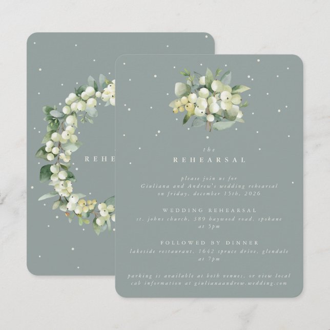 Seafoam Snowberry+Eucalyptus Wedding Rehearsal Enclosure Card (Front/Back)