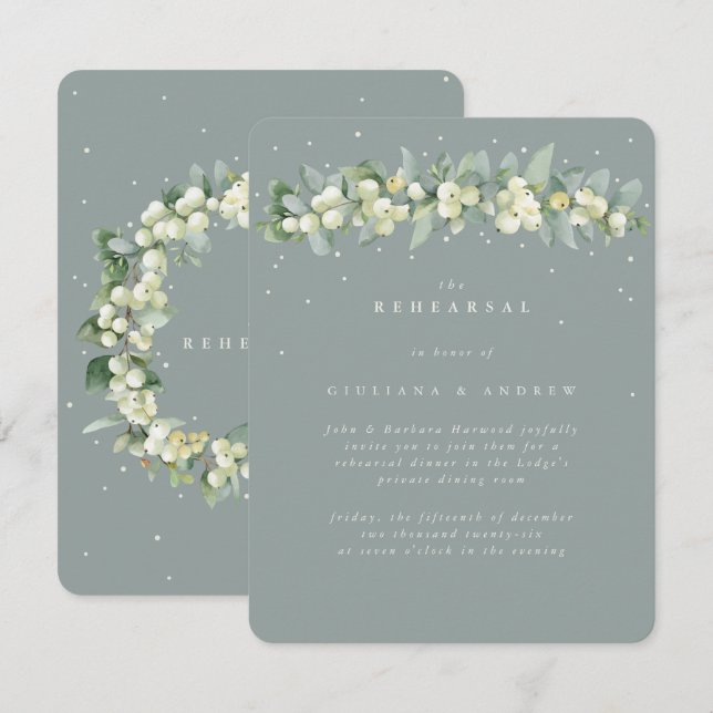Seafoam Snowberry+Eucalyptus Wedding Rehearsal Enclosure Card (Front/Back)