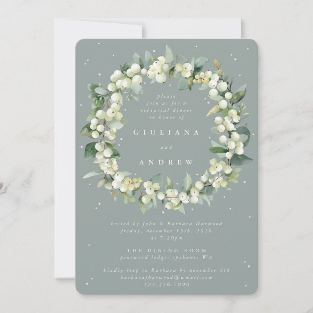 Seafoam Snowberry+Eucalyptus Wedding Rehearsal Invitation (Front)