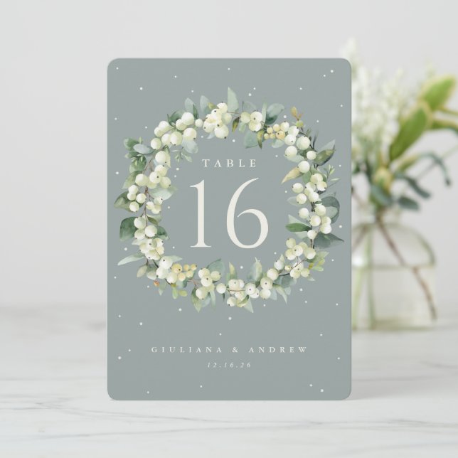 Seafoam Snowberry+Eucalyptus Wedding Table Number (Standing Front)