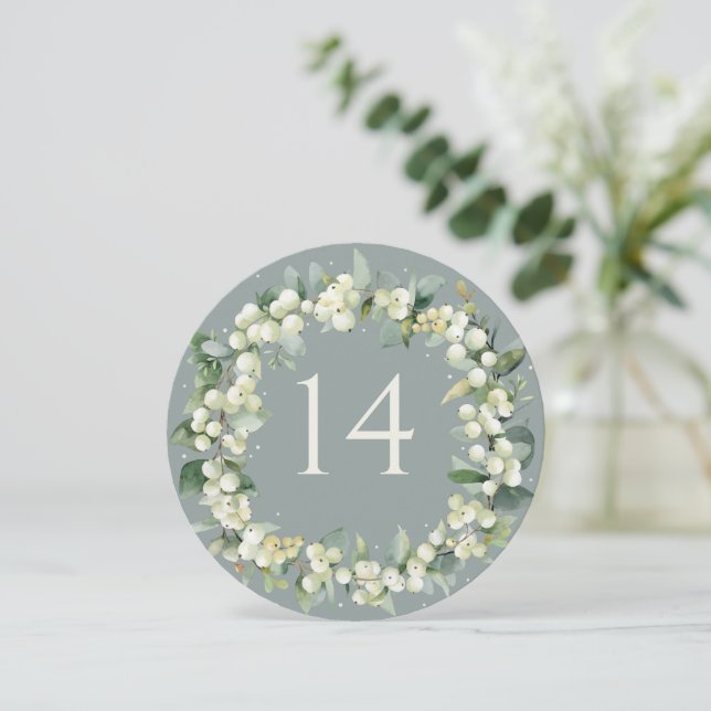 Seafoam Snowberry+Eucalyptus Wedding Table Number (Standing Front)