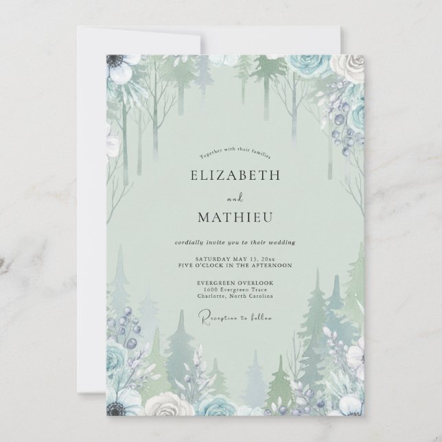 Seafoam Snowy Pine Eucalyptus Wedding Invitation (Front)