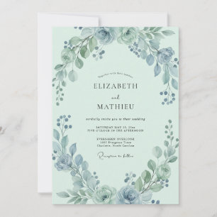 Seafoam Steel Blue Eucalyptus Wedding Invitation