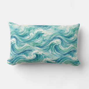 Seafoam Symphony Watercolor Waves Lumbar Pillow