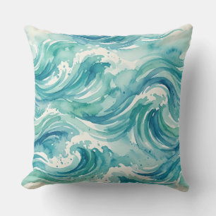 Seafoam Symphony Watercolor Waves Throw Pillow