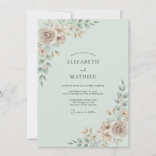 Seafoam Taupe Leafy Wedding Invitation