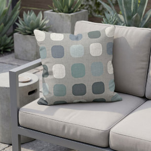 Seafoam Teal Blue Round Squares Pattern On Gray Outdoor Pillow