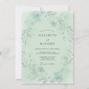 Seafoam Teal Foliage Grey Eucalyptus Wedding Invitation