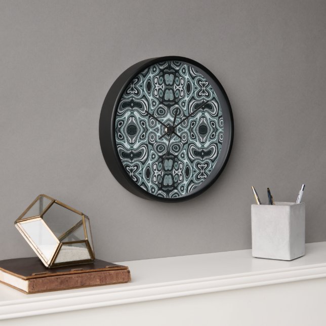 Seafoam Teal Green Gray Hip Bohemian Bali Art Clock (Office)