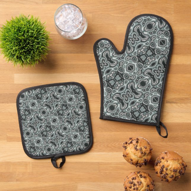 Seafoam Teal Green Gray Hip Bohemian Bali Art Oven Mitt & Pot Holder Set (Top Down)