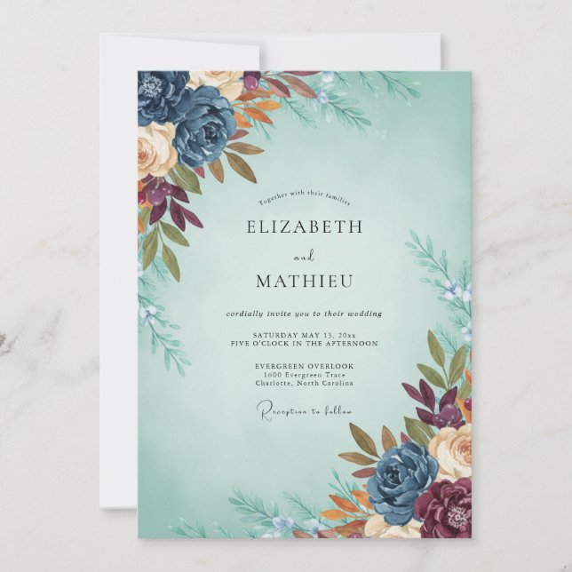 Seafoam Terracotta Ranunculus Eucalyptus Wedding Invitation (Front)