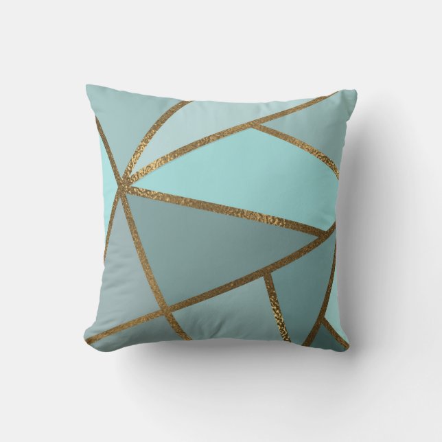 Seafoam Turquoise Green Blue & Bronze Geometric Throw Pillow (Front)