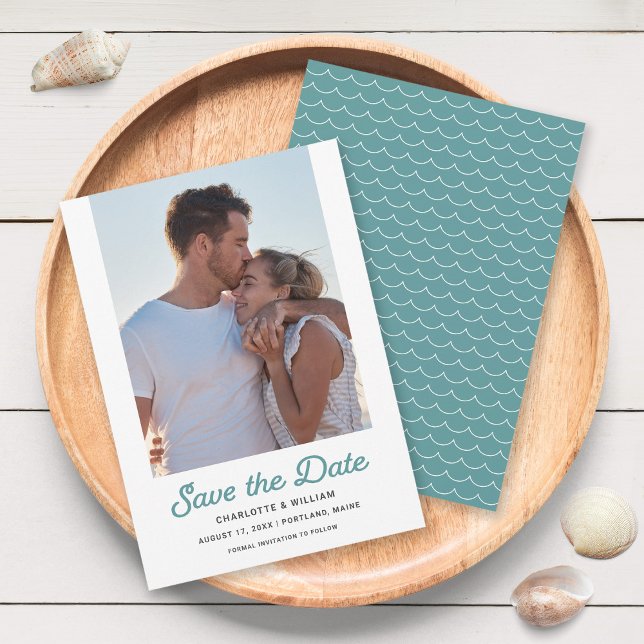 Seafoam Waves Photo Save the Date Card (Creator Uploaded)