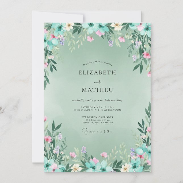 Seafoam Whispering Botanical Wedding Invitation (Front)