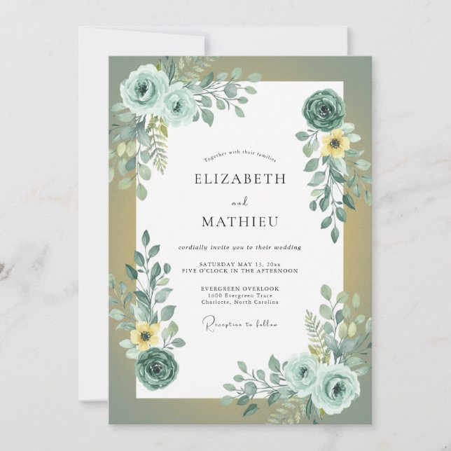 Seafoam Yellow Foliage Eucalyptus Wedding Invitation (Front)