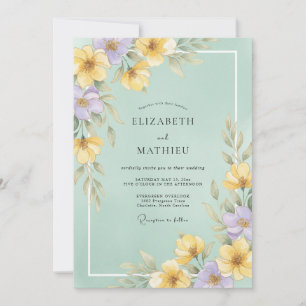 Seafoam Yellow Periwinkle Sprig Eucalyptus Wedding Invitation