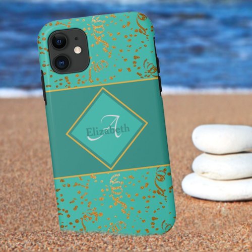 Seafoarm Green Gold Confetti Monogram Custom Name iPhone 11 Case